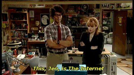 A comic GIF from the TV show The IT Crowd shows a man introducing the Internet to a woman (the Internet is supposedly a random black box)