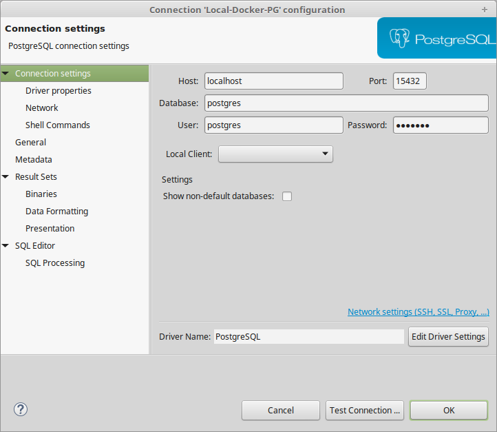Screenshot: Connection settings of PostgreSQL in DBeaver