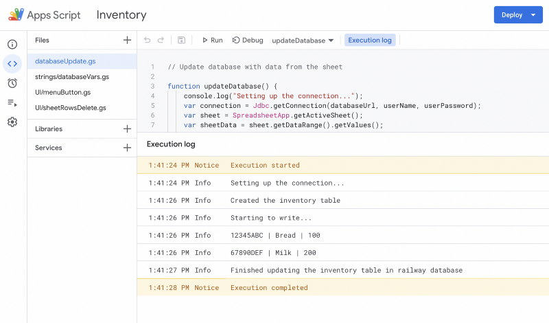Google Apps Script built-in Execution log shows a part of the script and the results of running it
