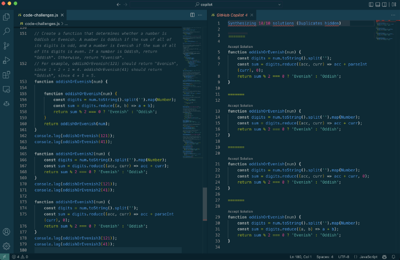 A screenshot showing code snippets and suggestions made by GitHub Copilot