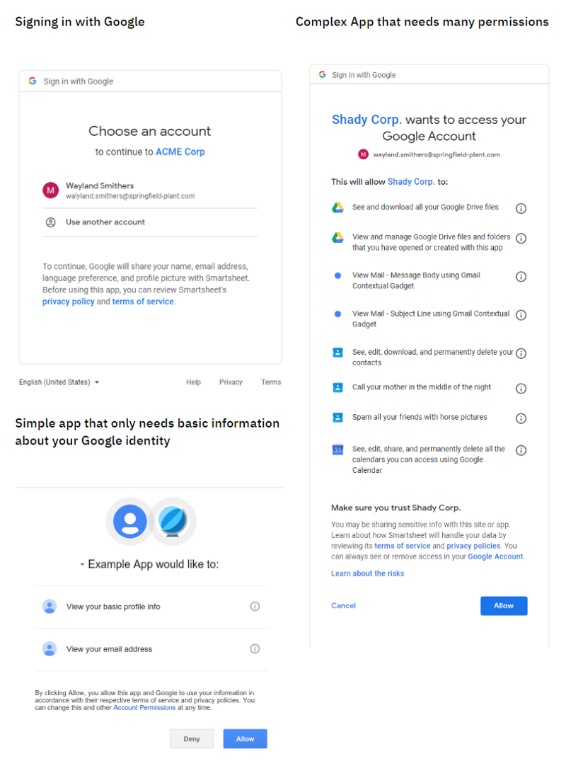 Screenshots: Sign in with Google screens used by different apps