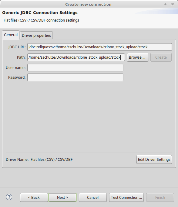 Screenshot: New “Flat files CSV Connection” in DBeaver